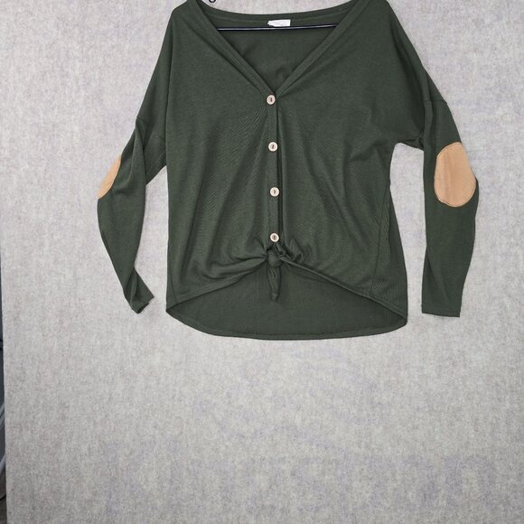 BiBi Womens Green Tie Front Sweater With Button Closure & Elbow Patches Size S - Picture 1 of 6